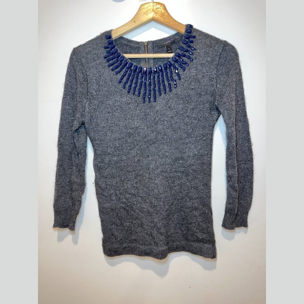 J. Crew Gray Blue Jeweled Neckline Back Zip Sweater Women’s Size S